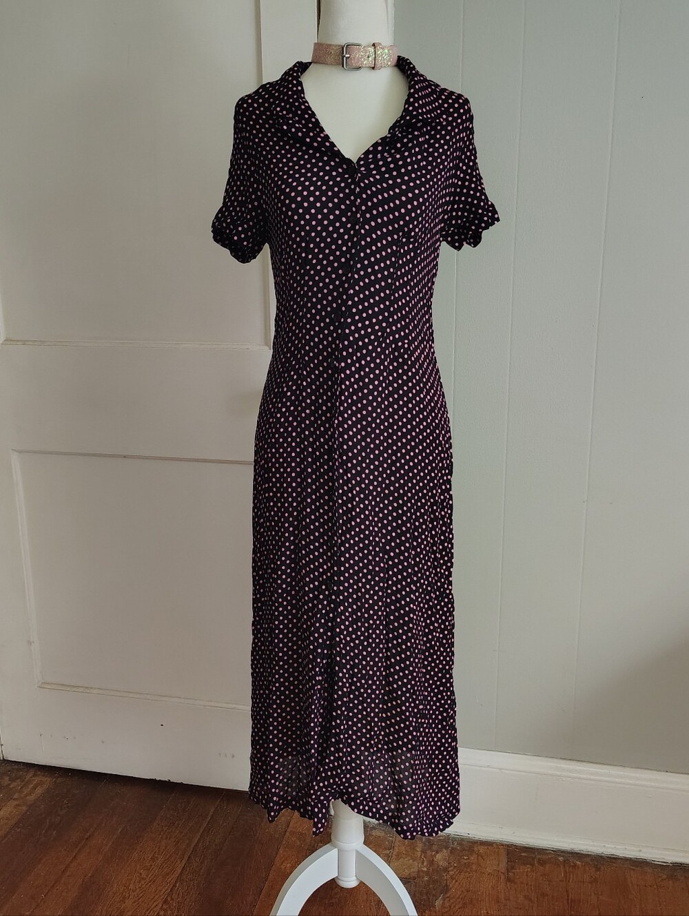 90s Vintage Black & Pink Polka Dot Midi Dress Size Small Medium Shirtdress